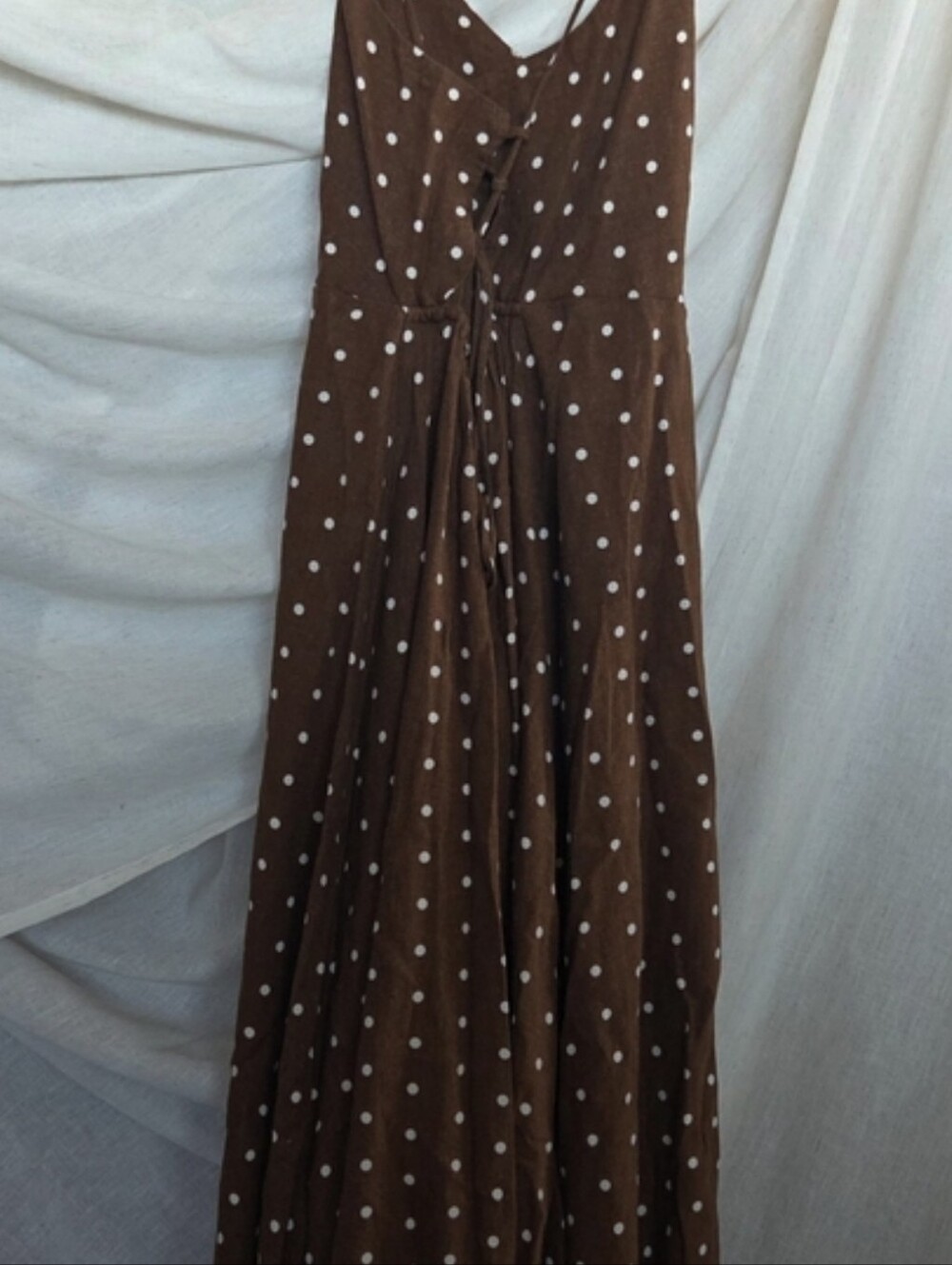 Brown Polka Dot Lace-Up Back Midi Dress - Picture 3 of 5